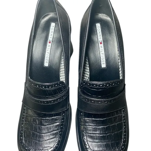 NWT Vintage Tommy Hilfiger Black Leather Chunky Heel Womens Platform Shoes   9.5