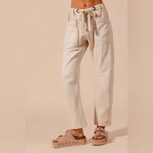 Oatmeal Beige barrel wide leg drawstring boho bohemian denim jeans