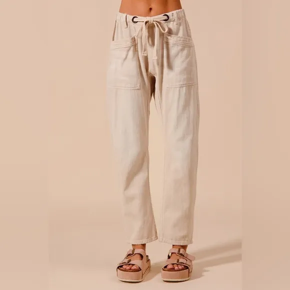 Oatmeal Beige barrel wide leg drawstring boho bohemian denim jeans