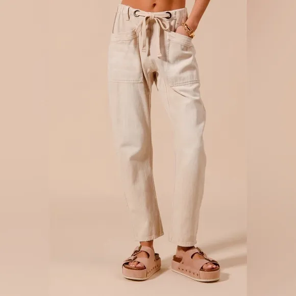 Oatmeal Beige barrel wide leg drawstring boho bohemian denim jeans