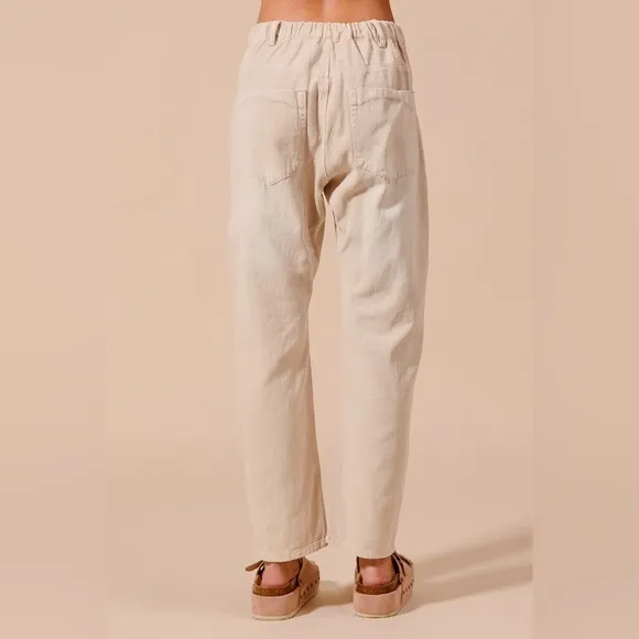 Oatmeal Beige barrel wide leg drawstring boho bohemian denim jeans