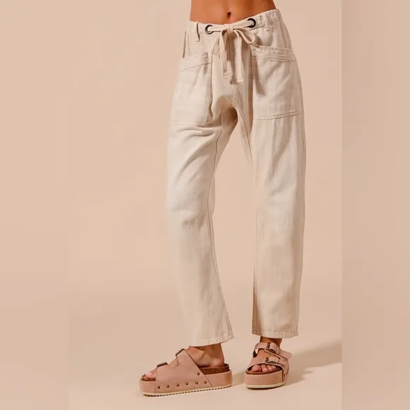 Oatmeal Beige barrel wide leg drawstring boho bohemian denim jeans