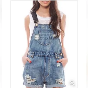 One by One Teaspoon Superfreak Denim shorts overalls, faux leather straps, 24