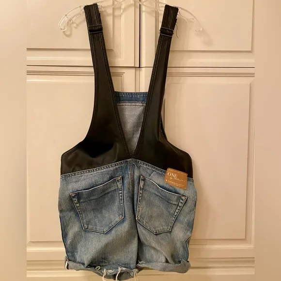 One by One Teaspoon Superfreak Denim shorts overalls, faux leather straps, 24