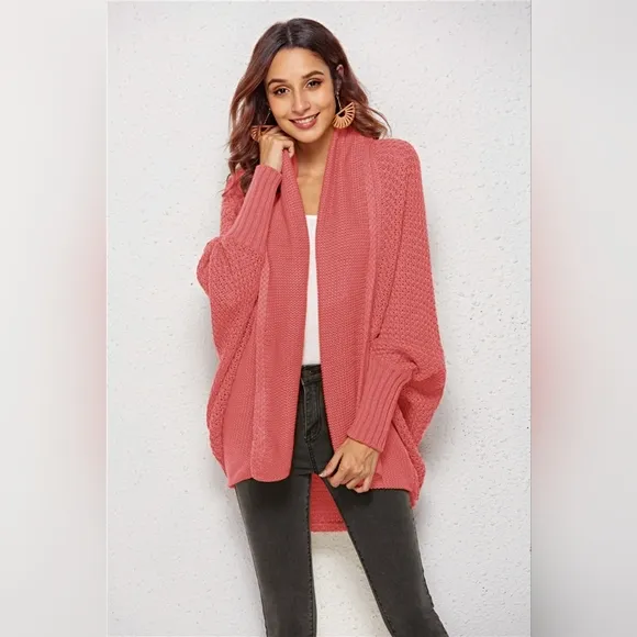 Oversized Knit Cardigan Batwing Sleeve Lightweight Baggy Open Front Sweater