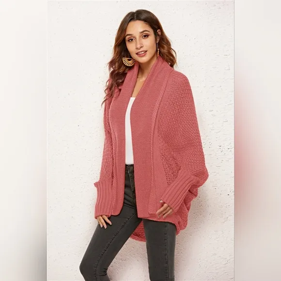 Oversized Knit Cardigan Batwing Sleeve Lightweight Baggy Open Front Sweater