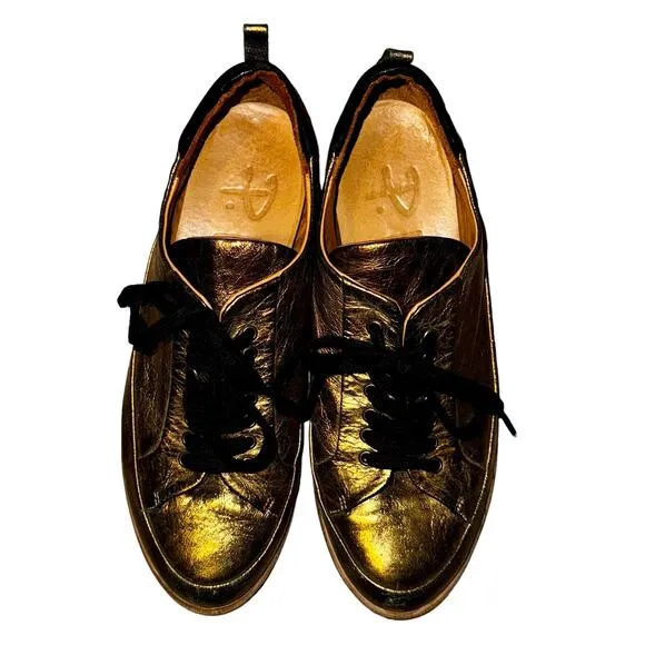 P Monjo Womens Gold Black Leather Lace Up Sneaker Eu 37 Us 6.5 Shoes Streetwear