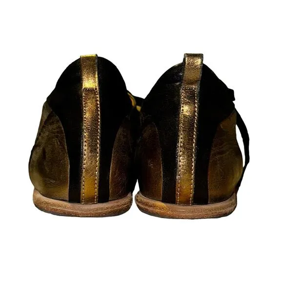 P Monjo Womens Gold Black Leather Lace Up Sneaker Eu 37 Us 6.5 Shoes Streetwear