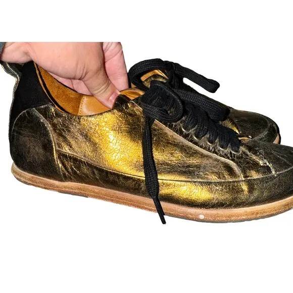 P Monjo Womens Gold Black Leather Lace Up Sneaker Eu 37 Us 6.5 Shoes Streetwear