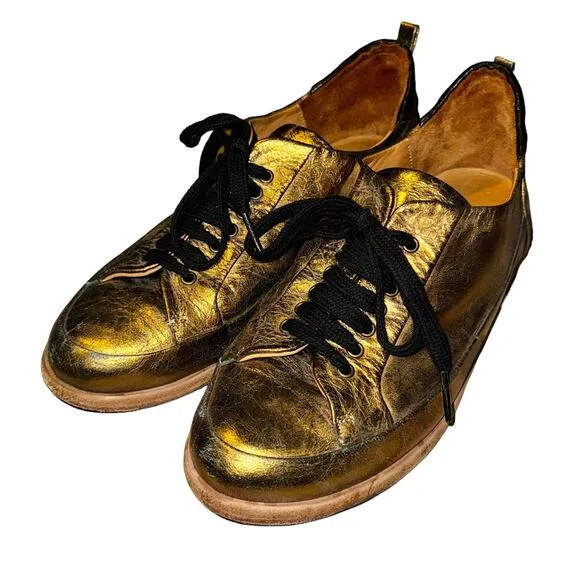 P Monjo Womens Gold Black Leather Lace Up Sneaker Eu 37 Us 6.5 Shoes Streetwear
