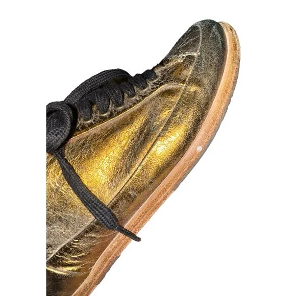 P Monjo Womens Gold Black Leather Lace Up Sneaker Eu 37 Us 6.5 Shoes Streetwear