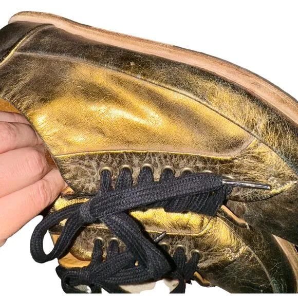 P Monjo Womens Gold Black Leather Lace Up Sneaker Eu 37 Us 6.5 Shoes Streetwear