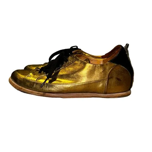 P Monjo Womens Gold Black Leather Lace Up Sneaker Eu 37 Us 6.5 Shoes Streetwear