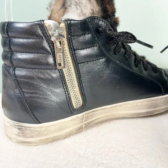 P448 Women's Black Leather Faux Fur Skate High-Top Italian Sneaker Shoe Size 8.5
