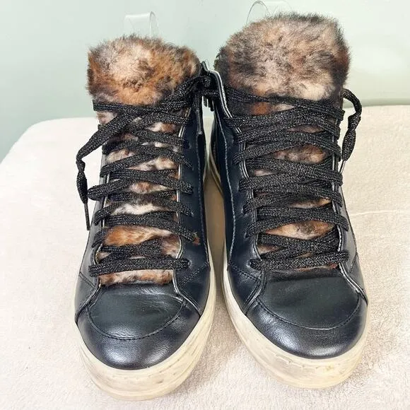 P448 Women's Black Leather Faux Fur Skate High-Top Italian Sneaker Shoe Size 8.5