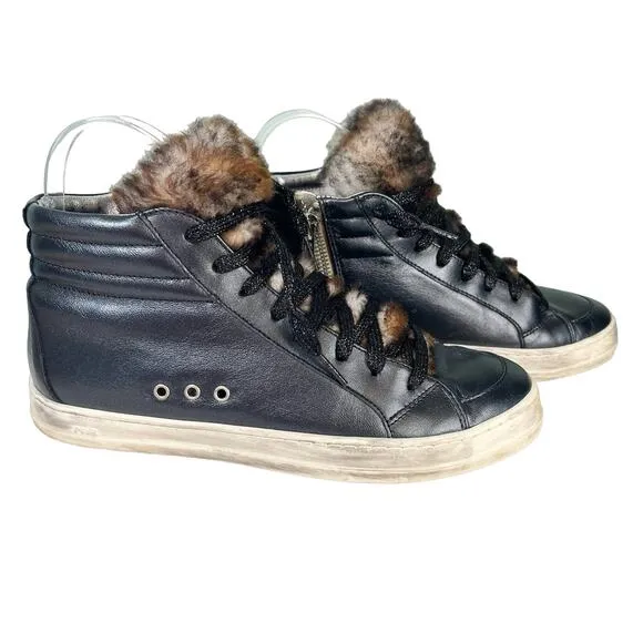 P448 Women's Black Leather Faux Fur Skate High-Top Italian Sneaker Shoe Size 8.5
