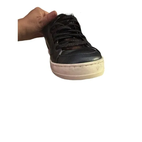 P448 Women's Black Leather Faux Fur Skate High-Top Italian Sneaker Shoe Size 8.5