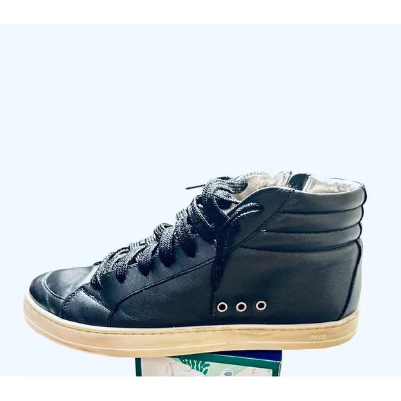 P448 Women's Black Leather Faux Fur Skate High-Top Italian Sneaker Shoe Size 8.5