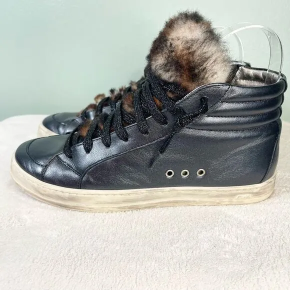 P448 Women's Black Leather Faux Fur Skate High-Top Italian Sneaker Shoe Size 8.5