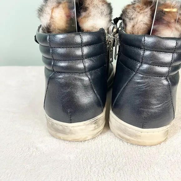 P448 Women's Black Leather Faux Fur Skate High-Top Italian Sneaker Shoe Size 8.5