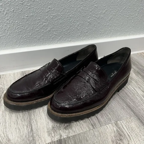 Paul Green Shoes Loafers Women's US 8 UK 5.5 Burgundy Crinkle Patent Leather