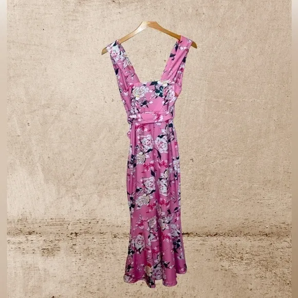 𝅺pink Floral Deep-V Plunge High-Low Stretch Mermaid Dress.
