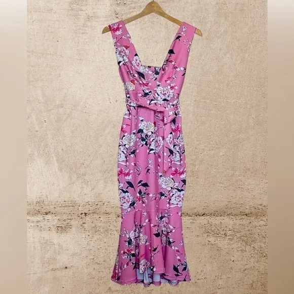 𝅺pink Floral Deep-V Plunge High-Low Stretch Mermaid Dress.