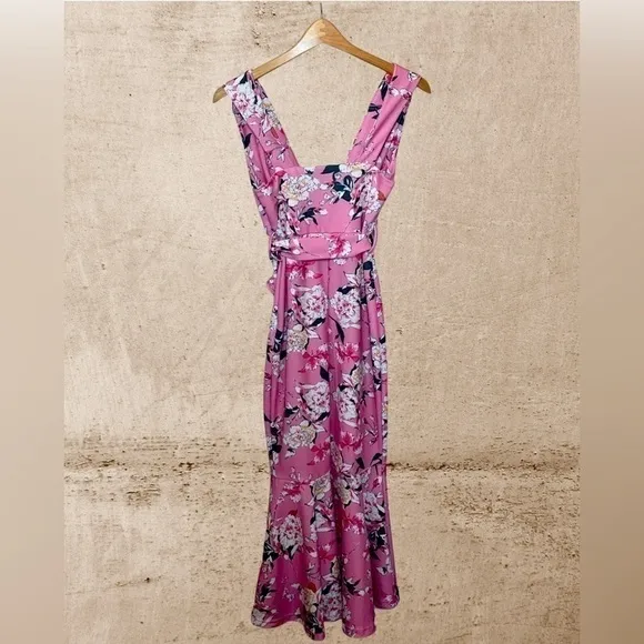 𝅺pink Floral Deep-V Plunge High-Low Stretch Mermaid Dress.