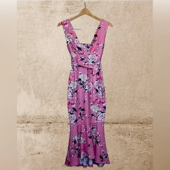 𝅺pink Floral Deep-V Plunge High-Low Stretch Mermaid Dress.