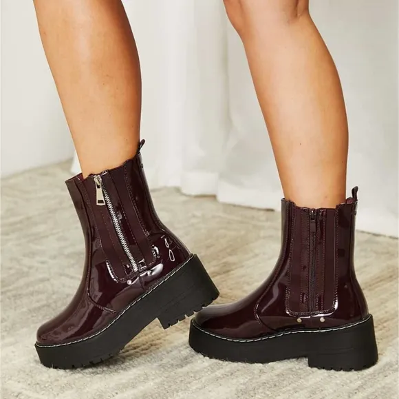 Platform Boots Side Zip Vegan Patent Leather Moto Chunky Lug Shoes Forever Link