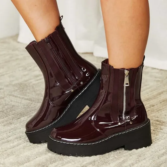 Platform Boots Side Zip Vegan Patent Leather Moto Chunky Lug Shoes Forever Link