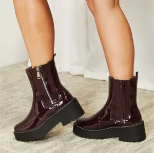 Platform Boots Side Zip Vegan Patent Leather Moto Chunky Lug Shoes Forever Link