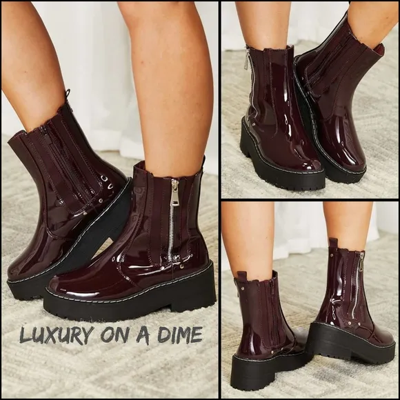 Platform Boots Side Zip Vegan Patent Leather Moto Chunky Lug Shoes Forever Link