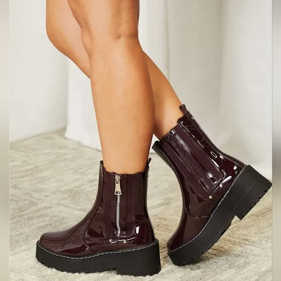 Platform Boots Side Zip Vegan Patent Leather Moto Chunky Lug Shoes Forever Link