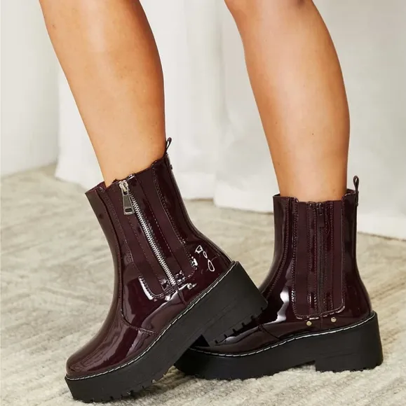 Platform Boots Side Zip Vegan Patent Leather Moto Chunky Lug Shoes Forever Link