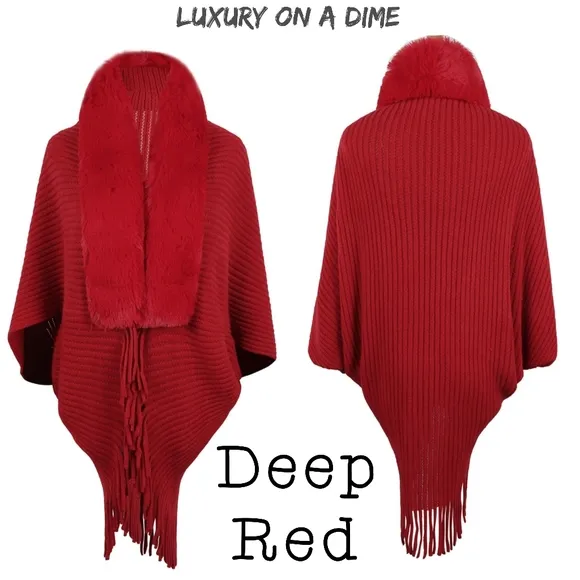 Plush Faux Fur Fringe Hem Oversized Open Front Rib Knit Cardigan Poncho Jacket