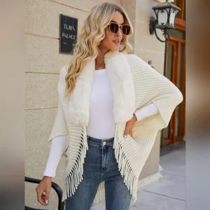 Plush Faux Fur Fringe Hem Oversized Open Front Rib Knit Cardigan Poncho Jacket