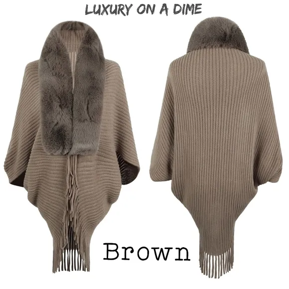 Plush Faux Fur Fringe Hem Oversized Open Front Rib Knit Cardigan Poncho Jacket