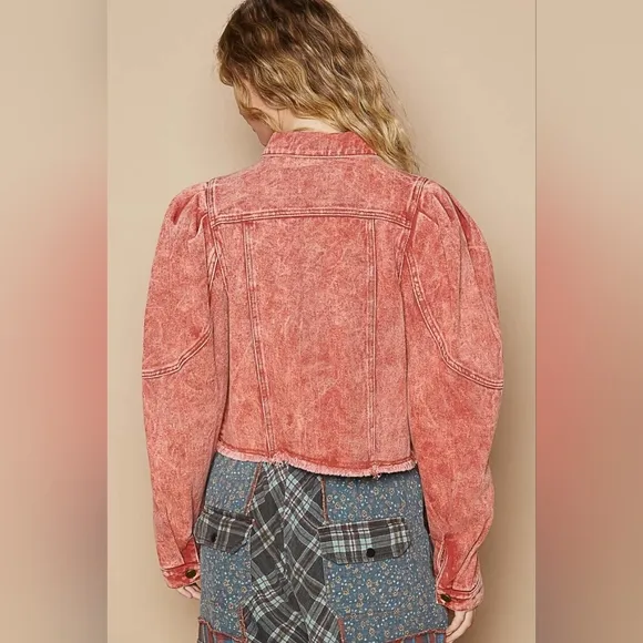 POL Acid Wash 90s Retro Cropped Denim Collar Button Pocket Bleached Jean Jacket
