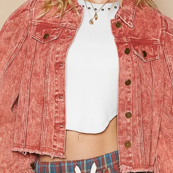 POL Acid Wash 90s Retro Cropped Denim Collar Button Pocket Bleached Jean Jacket