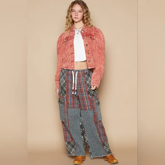 POL Acid Wash 90s Retro Cropped Denim Collar Button Pocket Bleached Jean Jacket