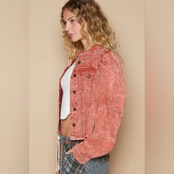 POL Acid Wash 90s Retro Cropped Denim Collar Button Pocket Bleached Jean Jacket
