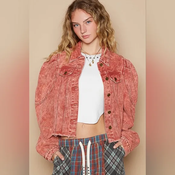 POL Acid Wash 90s Retro Cropped Denim Collar Button Pocket Bleached Jean Jacket
