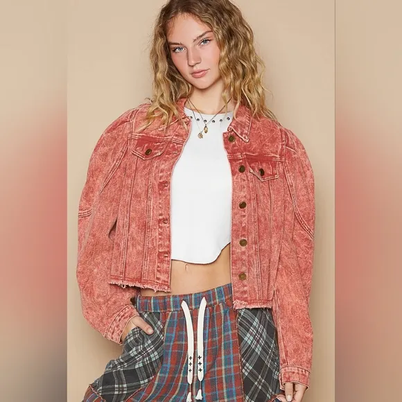 POL Acid Wash 90s Retro Cropped Denim Collar Button Pocket Bleached Jean Jacket