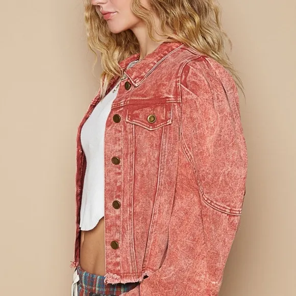 POL Acid Wash 90s Retro Cropped Denim Collar Button Pocket Bleached Jean Jacket