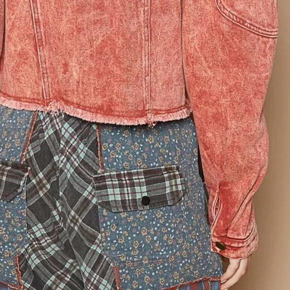 POL Acid Wash 90s Retro Cropped Denim Collar Button Pocket Bleached Jean Jacket