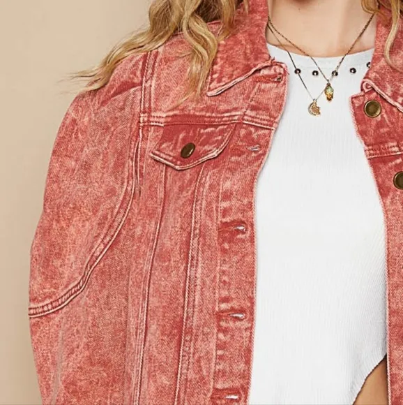 POL Acid Wash 90s Retro Cropped Denim Collar Button Pocket Bleached Jean Jacket