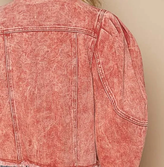 POL Acid Wash 90s Retro Cropped Denim Collar Button Pocket Bleached Jean Jacket