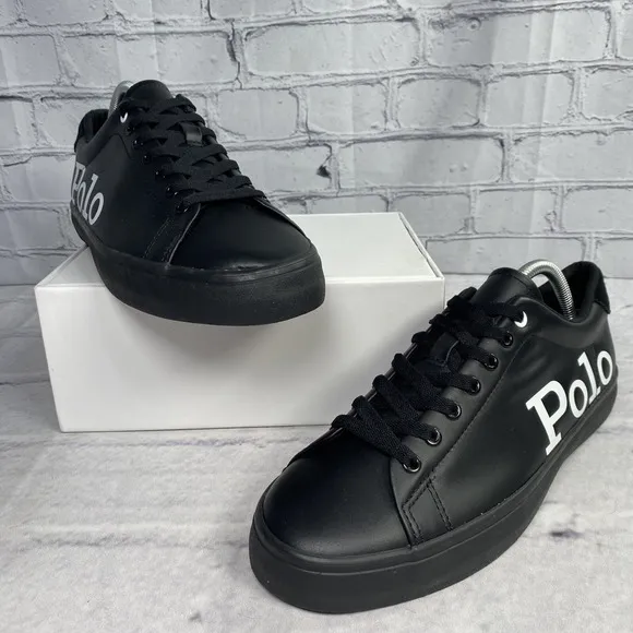 Polo Ralph Lauren Longwood Sneakers Men's Size 9 Spell Out Black Leather/Suede‎