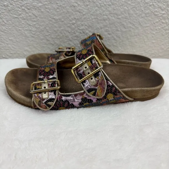 PRADA Floral Jacquard Sandals Womens Sz 39 US 9 Suede Buckle Strap Slides